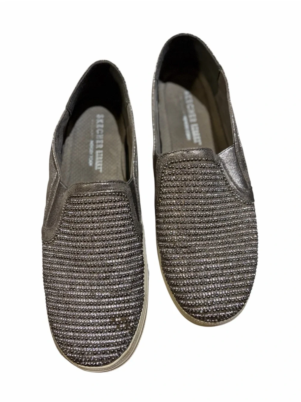 Skechers Slip-On Rhinestone Flats in Metallic Gunmetal Size 10